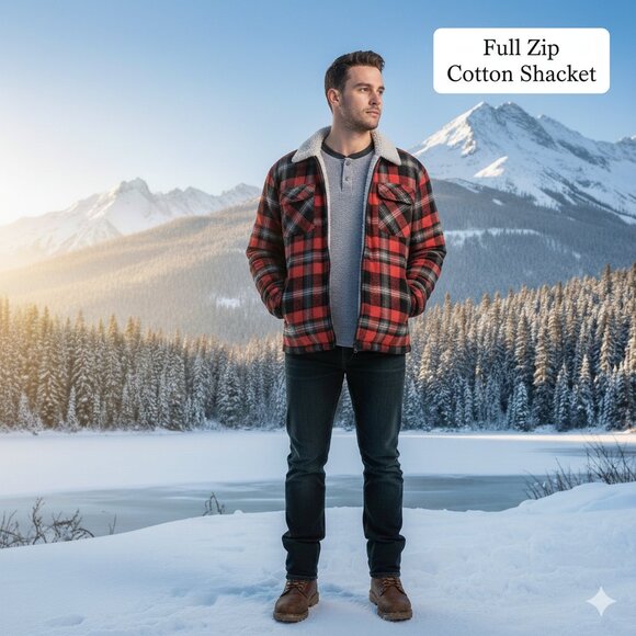 NWOT Men 2XL Winter Shacket Full Zip Thick Flannel Plaid Sherpa Fleece Lined Coz - Picture 1 of 8